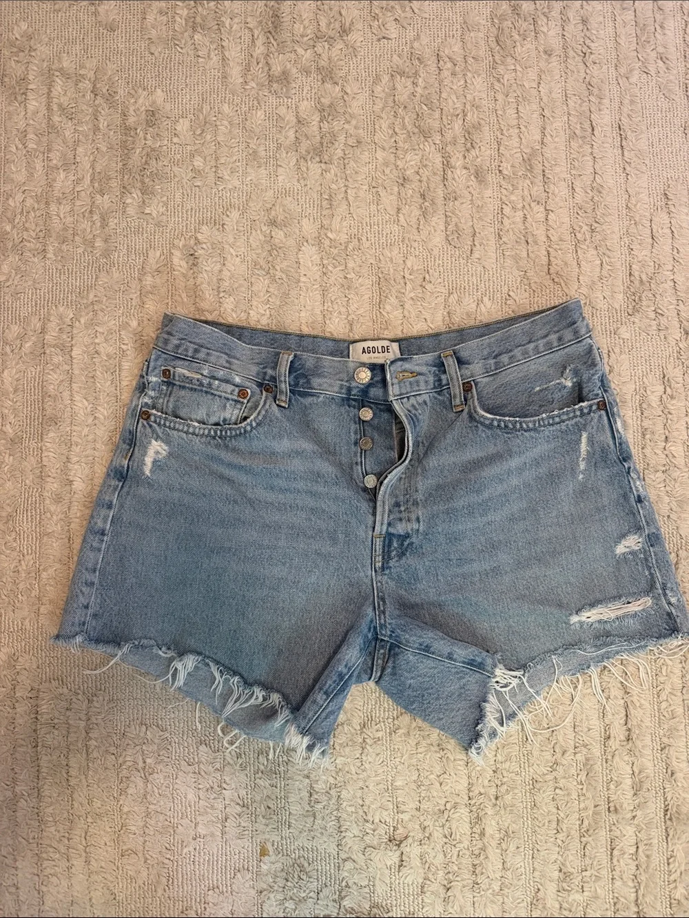 AGOLDE Parker long Vintage Light Blue Distressed High-Rise Denim Shorts